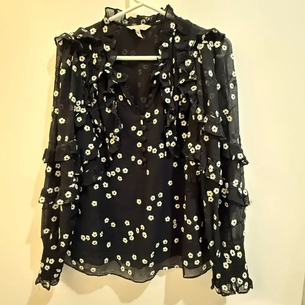 Rebecca Taylor Black Daisy Floral Ruffle Blouse Size 2 — Romantic Silk Top - Picture 2 of 8